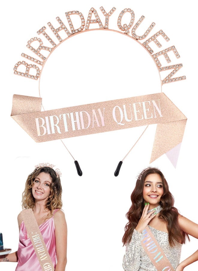 Birthday Sash For Women,Birthday Crowns Tiara Crown Adult Woman, Rose Gold Glitter Rhinestone Tiaras Headband Queen Sash For Girls Princess Party Decorations Accessories Valentines Gifts For Women - Image 1